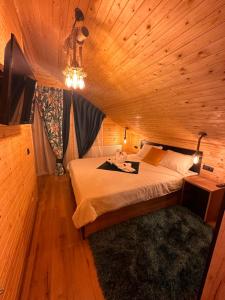 巴亚马雷PENSIUNEA HAI LA MARAMU’的木制客房内的一间卧室,配有一张床