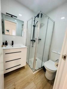 阿尔巴塞特Nórdico -Apartamentos Birdie-的一间带玻璃淋浴和卫生间的浴室