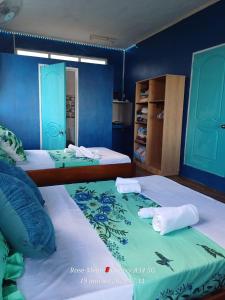 Rodrigues IslandChez Tonio Magic Ocean View的蓝色墙壁客房的两张床