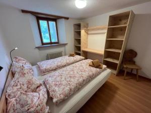 萨梅丹Chesa Fischer Wohnung Palü ÖV-Inklusive的一间卧室配有两张床和书架。