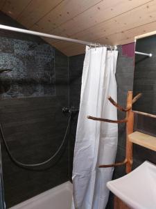 贝阿滕贝格Einzigartige Holzhütte的一间带白色淋浴帘的浴室
