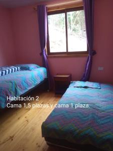 纳维达德Casa Los Queñes的一间卧室设有两张床和窗户。