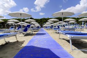 阿尔巴·阿德里亚蒂卡B&B Linae - Residence的海滩上一排蓝色的椅子和遮阳伞