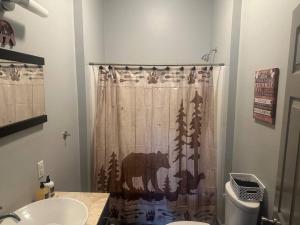 恩特普赖斯Local With a Side of Cozy的浴室配有淋浴帘和盥洗盆。
