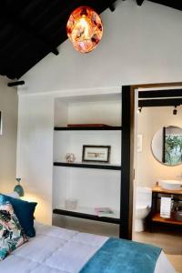 拉维加Luxury Glamping - Tiny House al natural的一间卧室配有一张带镜子和吊灯的床。