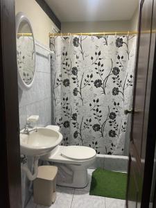 萨利纳斯Hostal Costa Linda Salinas的浴室配有水槽、卫生间和浴帘