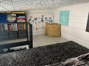 克莱蒙Modern, pet friendly tiny house, No extra fees!的书架和地毯的房间