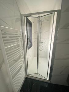 布雷斯特Chambre double balcon vue mer的带玻璃门的浴室内的步入式淋浴间