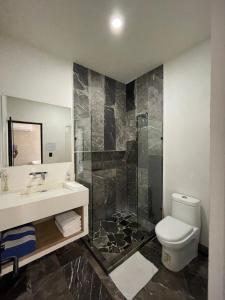 梅里达Hotel Suites La Negra的浴室配有卫生间、盥洗盆和淋浴。