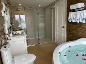 下龙湾Halong AQUAR CRUISE的带淋浴、卫生间和浴缸的浴室