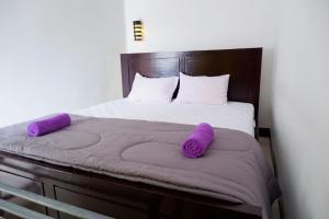 克里穆图Family Guest House Moni的床上有两张紫色枕头