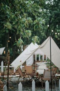万挠De Kampung Campsite的一组椅子和白色帐篷