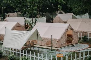 万挠De Kampung Campsite的白色围栏后面的一组帐篷