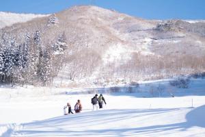 汤泽町Little Japan Echigo的一群人在雪中行走