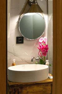 采蒂涅Nice cabin的浴室水槽,配有镜子和粉红色的鲜花