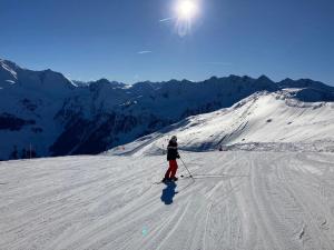 MaurachFerienwohnungen Hechenblaikner的一个人在雪覆盖的山里滑雪
