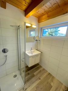 容霍尔茨Am Hof Jungholz的一间带玻璃淋浴和水槽的浴室