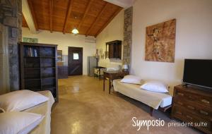 阿基奥斯基利考斯Pyrgos Traditional Village的客房设有两张床和一台平面电视。