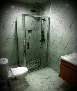 马普托Guesthouse MALAGUETA INN II的带淋浴、卫生间和盥洗盆的浴室