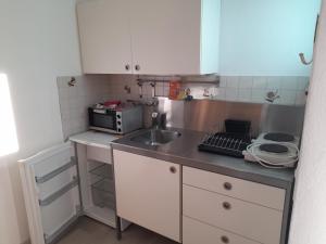 戈尔多拉Appartamento Elisabetta的一间带水槽和微波炉的小厨房