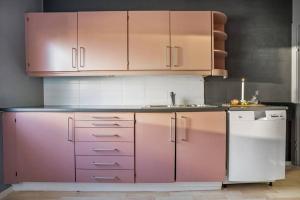 海宁格松Cozy 2-Bedroom Apartment - Free Parking的厨房配有粉色橱柜和洗碗机。