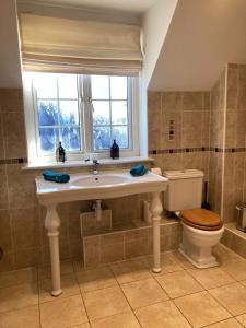 BartleyLangford farmhouse - Luxury 4bd, hot tub, cinema, 10 acres的一间带水槽和卫生间的浴室以及窗户。