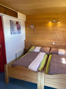 菲施Alphütte Bielerhüs的木墙客房的两张床