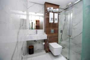 纳祖尔MAGNIFIQUE HOTEL的带淋浴、卫生间和盥洗盆的浴室