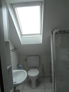 贝尔恩卡斯特尔-库斯Gästehaus am Ahornweg的浴室配有卫生间、水槽和天窗。