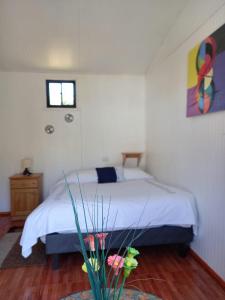 柯纳里佩Alojamiento Ximena的一间卧室配有一张床和盆栽植物