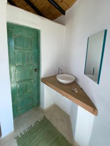 CanoasMarinus Eco Lodge的一间带水槽和绿门的浴室