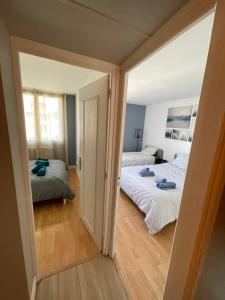 格勒诺布尔magnifique Duplex avec 2 chambres et parking gratuit的一间小卧室,配有两张床和镜子