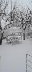 波格拉德茨Kristina Mitllari 1的树旁的雪覆盖着桌子和长椅