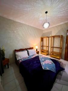 雅温得Residence Ethan Nji - Tranquil Heaven的一间卧室配有一张带蓝色棉被的床