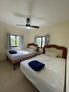 圣塔芭芭拉-山美纳Country home in the hills of Samana的一间卧室配有两张床和吊扇