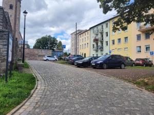 拉德库夫Apartament u podnóża Gór Stołowych的一条鹅卵石街道,有停车的汽车和建筑