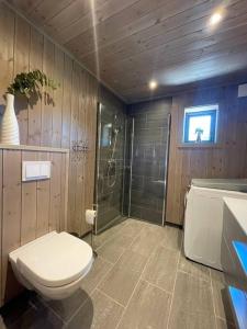 史特林Ny og moderne hytte i Stryn. Solrik plassering的一间带卫生间和淋浴的浴室