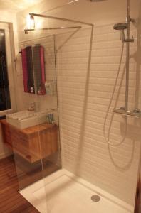 布鲁塞尔Arti Appart Louise/Flagey/Centre的带淋浴和盥洗盆的浴室