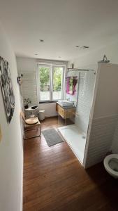 布鲁塞尔Arti Appart Louise/Flagey/Centre的带淋浴、盥洗盆和卫生间的浴室