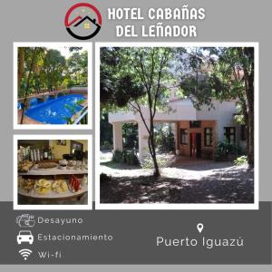 伊瓜苏港Hotel Cabañas del Leñador的游泳池和房子的照片拼凑而成