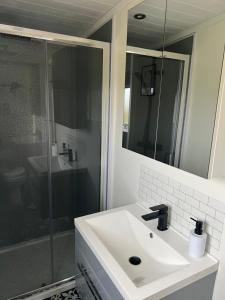 KilmaluagIsland Coorie的浴室配有白色水槽和淋浴。