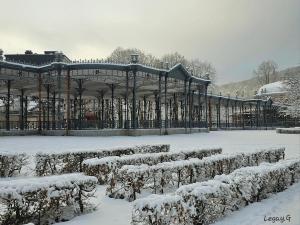 雅莱Le Petit Logis的雪覆盖的花园,设有凉亭