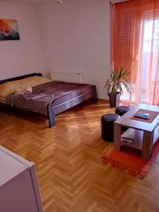 弗尔尼亚奇卡矿泉镇Apartman Radmanovac的一间卧室配有一张床,铺有木地板