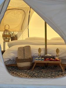 BadīyahSafari Infinity Camp的帐篷配有一张床和一张桌子