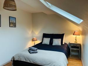 凯恩Le 6 appartement Caen Port & Abbaye-aux-Dames的一张位于带两盏灯和一张四面床的房间里的床