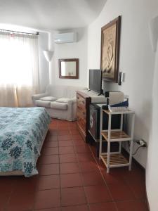 巴哈撒丁岛Villa Molara的一间卧室配有一张床、一台电视和一张沙发
