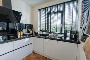 阿姆斯特丹Dutch Design Villa with 6 luxurious bedrooms的一间厨房,配有白色的橱柜和大窗户