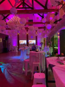 MerkelbeekB & B M 3的配有桌椅和紫色照明的客房