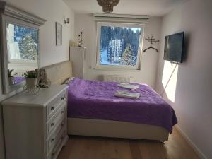 亚霍里纳OLIMPIJSKA KUCA-Planinska Avantura的一间卧室设有紫色的床和窗户