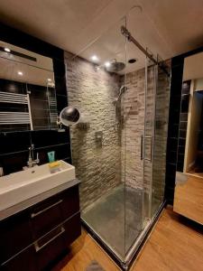 阿姆斯特丹500-Mb Hi-Tech Silent Work-Home的一间带玻璃淋浴和水槽的浴室